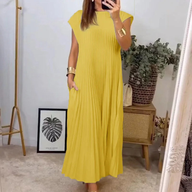 2024 Spring and Summer New European and American Fashion Round Neck Sleeveless pleated Dress Women's Long Dress