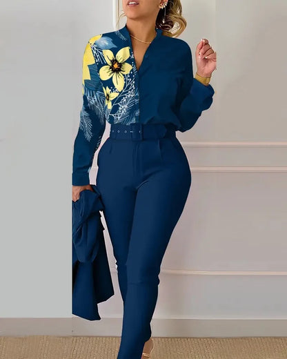 Elegant Women Shirt Two Piece Set Suits Fall New Fashion Print Long Sleeve Top Black Pants Set With Belt Blouses Female Clothing