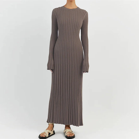 90s Vintage Tie Waist Dress Women Elegant Ribbed Knit Full Sleeve Maxi Dress Crew Neck Bodycon Pencil Long Dress Streetwear