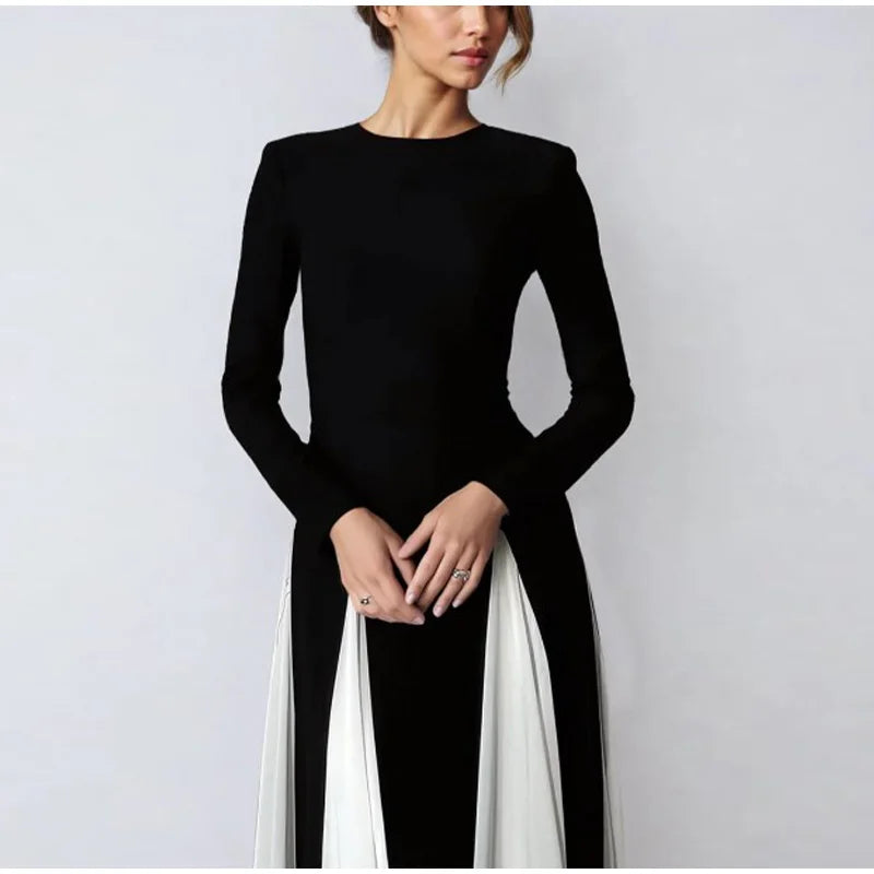 Elegant Contrasting Women Maxi Dress Fashion O-neck Long Sleeve Pleated Slim A-line Dresses Summer Lady Party Evening Robes 2024