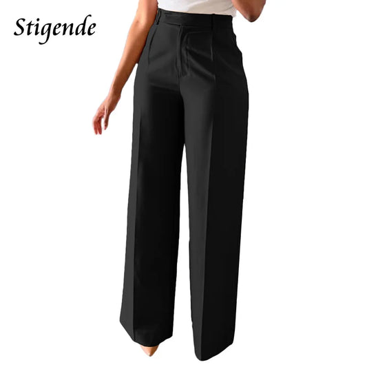 Stigende Wide Leg Straight Dress Pants with Pocket Women Plain Color Business Casual Pants Loose Fit Midi Waist Office Trousers