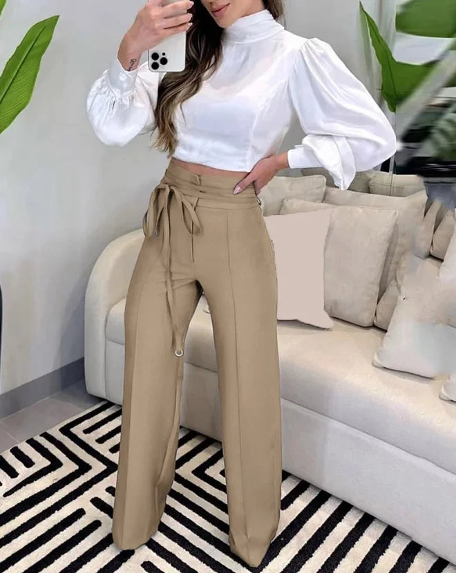 Women's Pants 2023 Spring Fashion Tied Detail Straight Leg Elegant Plain High Waist Long Work Pants Office Lady