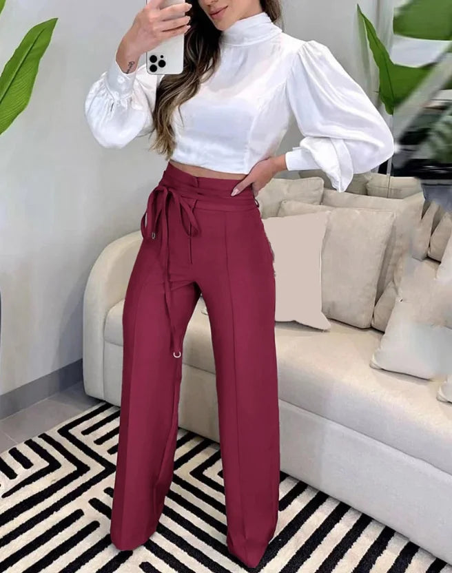 Women's Pants 2023 Spring Fashion Tied Detail Straight Leg Elegant Plain High Waist Long Work Pants Office Lady