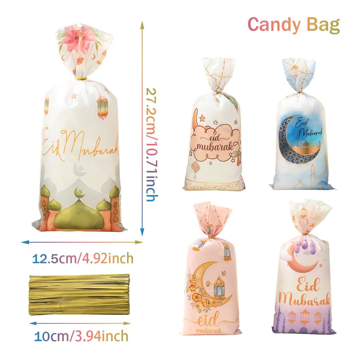 25/50/100Pcs EID Mubarak Gift Cookie Bags With Strap Candy Baking Packaging Bag 2025 Ramadan Decor Muslim Islamic Party Supplies