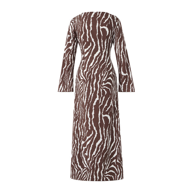 Women Leisure Style Zebra Print Long Dress Retro Casual Long Sleeve Flared Cuff Round Collar Slim Fit Summer Dresses Vintage 70s