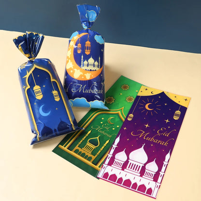 25/50/100Pcs EID Mubarak Gift Cookie Bags With Strap Candy Baking Packaging Bag 2025 Ramadan Decor Muslim Islamic Party Supplies