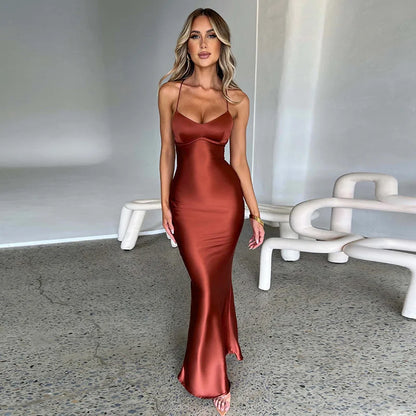 Mozision Satin Backless Maxi Dress For Women 2022 Autumn New Spaghetti Strap Sleeveless Bodycon Long Dress Vestido Clubwear