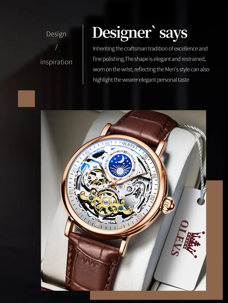 OLEVS Moon Phase Mechanical Watch Men with Dual Time Zone Display Waterproof Automatic Skeleton Mens Watches Top Brand Luxury