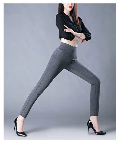 Spring Winter Elegant High Waist Casual Stretch Slim Middle Aged Women Trousers Ladies Fashion All Match Black Gray Pencil Pants