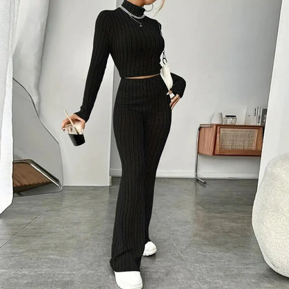 Beige Western Style Knitted Fashion Suit Women New Korean Split Black Sweaters Wide Leg Pants Lady Casual Two-piece Sets