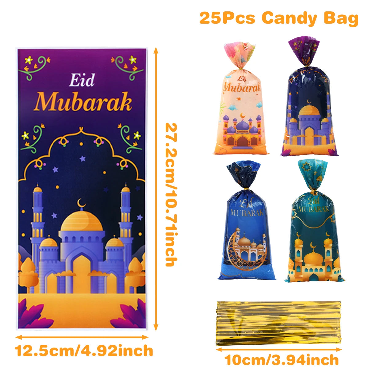 25/50/100pcs Eid Mubarak Gift Packing Bags Plastic Cookie Candy Bags  Kareem Ramadan Decor 2025 Islamic Muslim Party Supplies