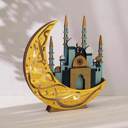 EID Mubarak LED Light Wooden Moon Mosque Table Ornaments Ramadan Decor Night Lights 2025 Islam Muslim Party Decoration Supplies