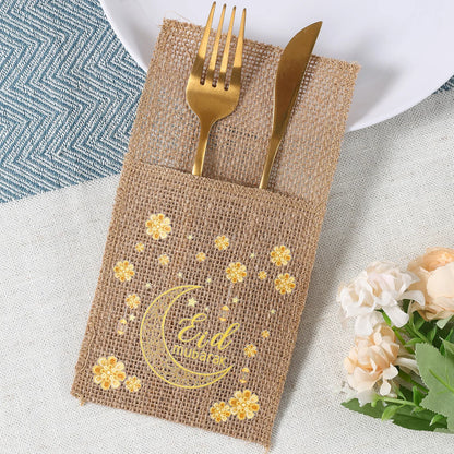 Eid Mubarak Moon Star Knife Fork Bag Ramadan Kareem Decorations For Home 2025 Islamic Muslim Party Supplies Burlap Tableware Bag