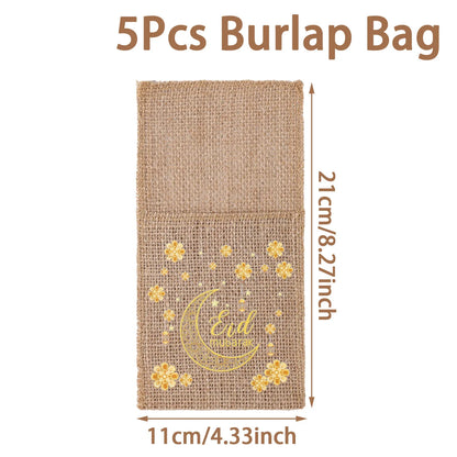 Eid Mubarak Moon Star Knife Fork Bag Ramadan Kareem Decorations For Home 2025 Islamic Muslim Party Supplies Burlap Tableware Bag