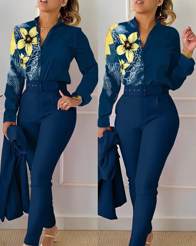 Elegant Women Shirt Two Piece Set Suits Fall New Fashion Print Long Sleeve Top Black Pants Set With Belt Blouses Female Clothing