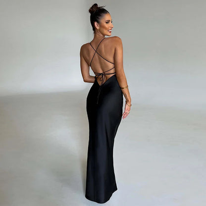 Mozision Satin Backless Maxi Dress For Women 2022 Autumn New Spaghetti Strap Sleeveless Bodycon Long Dress Vestido Clubwear