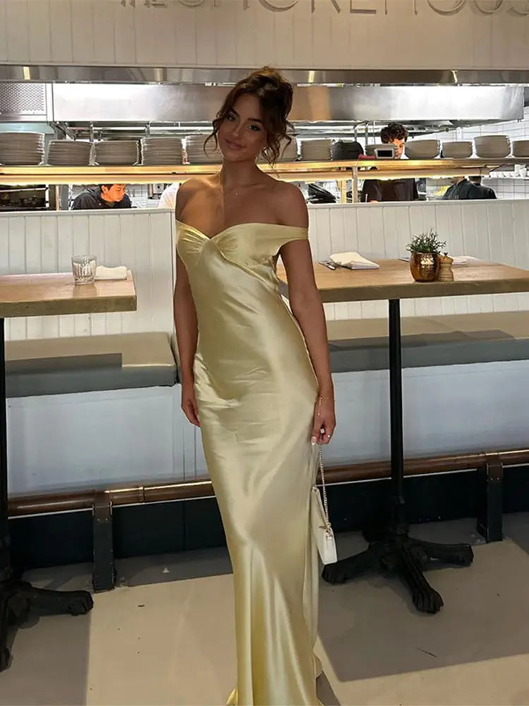 Elegant Satin Backless Party Maxi Dress For Women Fashion Off Shoulder Sleeveless Slim Long Robe 2024 New Lady Chic Evening Gown