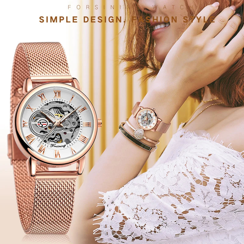 Fashion Montre Femme Forsining Women's Watch Rose Gold Stailess Steel Case Skeleton Womens Mechanical Hand Wind Ladies Wrist