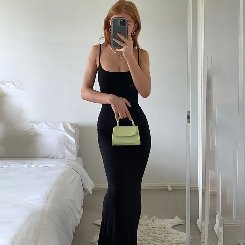 2024 Autumn Dresses For Women Sexy Spaghetti Strap Black Long Sleeve Y2k Summer Sleeveless Solid Skinny Bodycon Maxi Vestidos