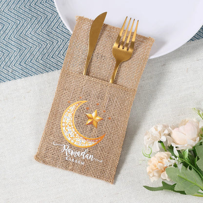 Eid Mubarak Moon Star Knife Fork Bag Ramadan Kareem Decorations For Home 2025 Islamic Muslim Party Supplies Burlap Tableware Bag