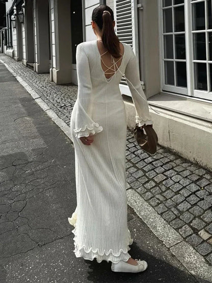 Elegant Flared Long Sleeve Round Neck Maxi Dress Women Back Lace Up Fishtail Slim Dresses Summer Fashion Lady Casual Streetwear