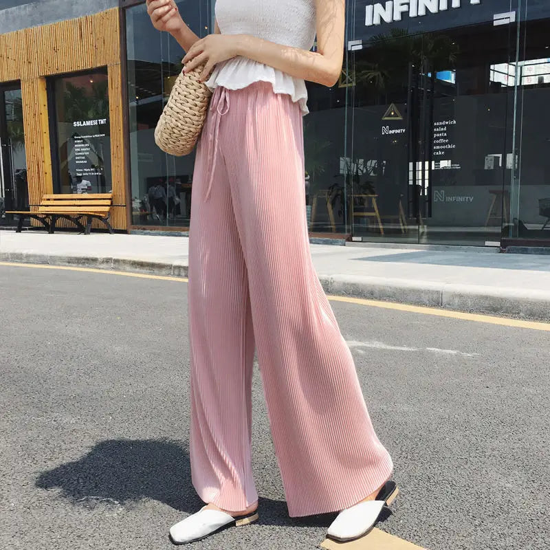 Women Fashion Summer Wide Leg Pants Pleated Ice Silk Trousers Elastic Waist Loose Casual Pants