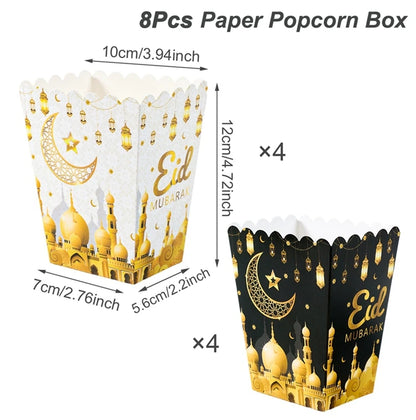 EID Popcorn Box Candy Bag Biscuit Gift Box Ramadan Decorations For Home 2025 EID Mubarak Islamic Muslim Party Decor Eid al-Fitr