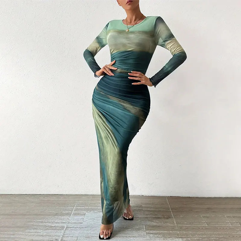 Tie Dye Green Mesh Corset Dress Summer  Womens Dresses Bodycon Long Sleeve Dress Print Maxi Ruched See Through Female Dress