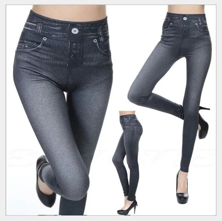 Leggings Women 2022 Fashion Faux Denim Jeans Leggings Sexy Long Pocket Printing Legging Summer Casual Pencil Black Pants Plus