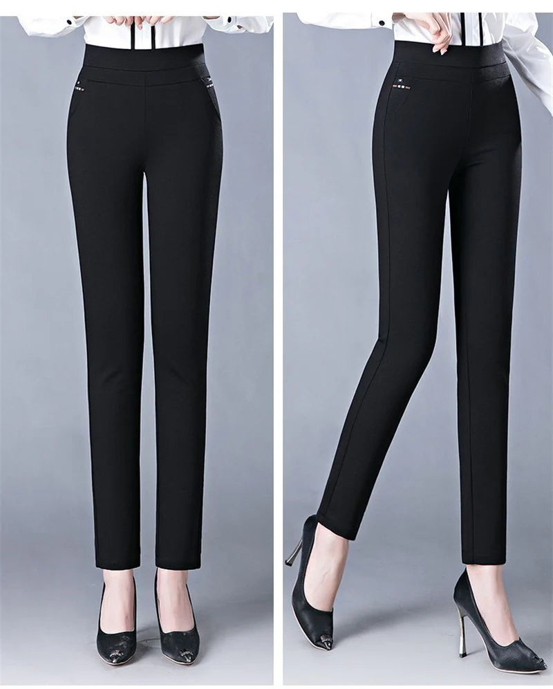 Spring Winter Elegant High Waist Casual Stretch Slim Middle Aged Women Trousers Ladies Fashion All Match Black Gray Pencil Pants