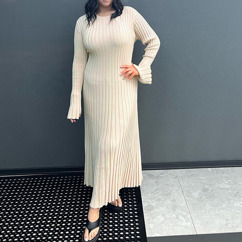 90s Vintage Tie Waist Dress Women Elegant Ribbed Knit Full Sleeve Maxi Dress Crew Neck Bodycon Pencil Long Dress Streetwear