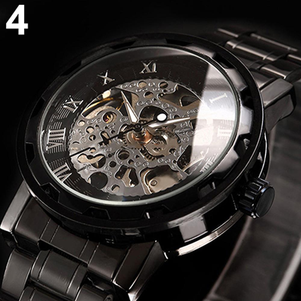 Men Skeleton Roman Numerals Hollow Dial Stainless Steel Band Mechanical Watch Hand-winding Vintage Roman Numeral Steampunk Watch