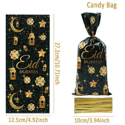 25/50/100Pcs EID Mubarak Gift Cookie Bags With Strap Candy Baking Packaging Bag 2025 Ramadan Decor Muslim Islamic Party Supplies