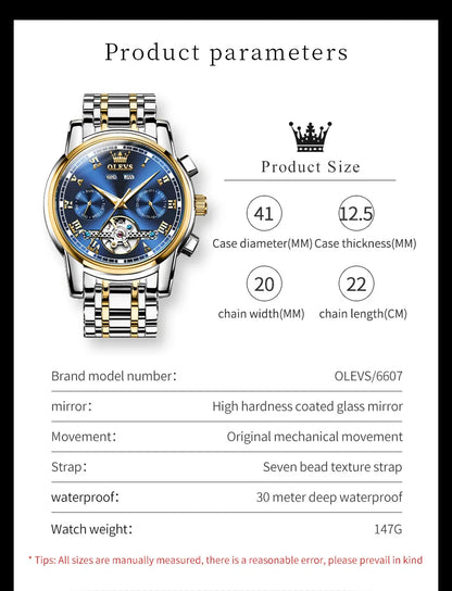 OLEVS Men's Watches Automatic Mechanical Business Wristwatch Waterproof Stainless Steel Strap Watch for Man Skeleton Calendar