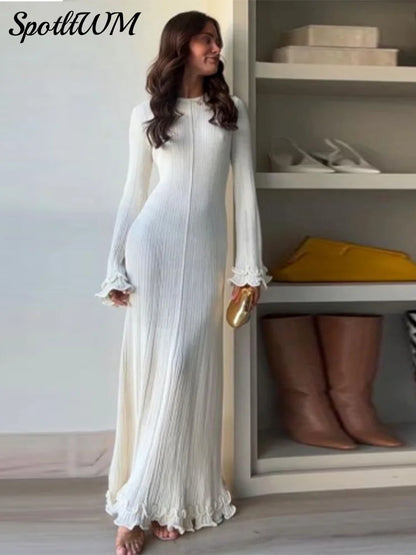 Elegant Flared Long Sleeve Round Neck Maxi Dress Women Back Lace Up Fishtail Slim Dresses Summer Fashion Lady Casual Streetwear