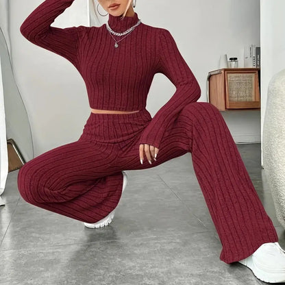 Beige Western Style Knitted Fashion Suit Women New Korean Split Black Sweaters Wide Leg Pants Lady Casual Two-piece Sets