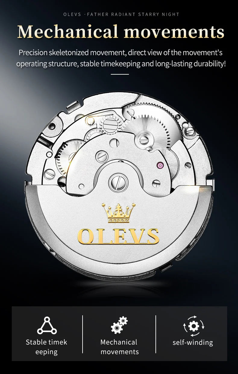 OLEVS Men's Watches Automatic Mechanical Business Wristwatch Waterproof Stainless Steel Strap Watch for Man Skeleton Calendar