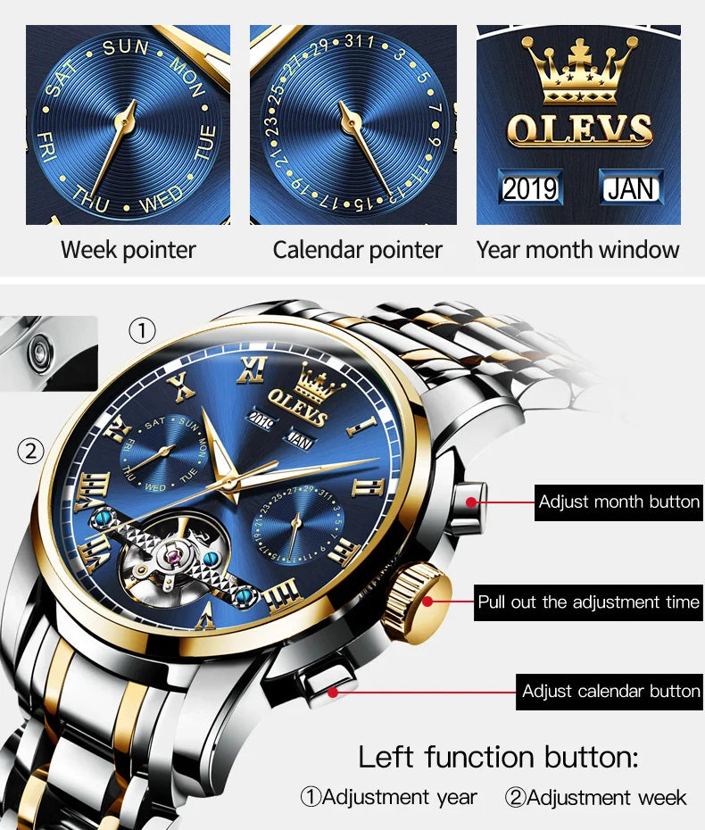 OLEVS Top Brand Men's Watches waterproof Fully Automatic Mechanical Watch Calendar Week Hollow Out Luminous Male Wristwatch