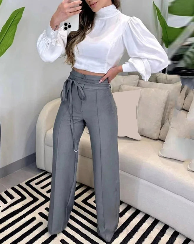 Women's Pants 2023 Spring Fashion Tied Detail Straight Leg Elegant Plain High Waist Long Work Pants Office Lady