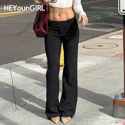 HEYounGIRL High Street Women Straight Suit Pants Vintage Slim Low Waist Black Casual Trousers Office Lady Fashion Pants 2024 New