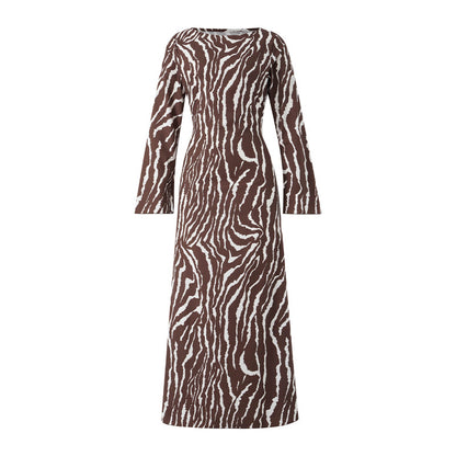 Women Leisure Style Zebra Print Long Dress Retro Casual Long Sleeve Flared Cuff Round Collar Slim Fit Summer Dresses Vintage 70s