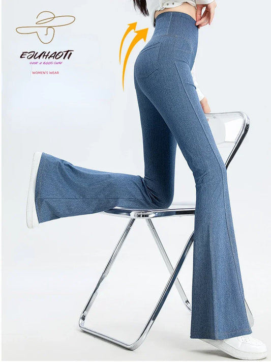 2024 Denim Women's Pants Micro Flared High Waist Abdomen Leggings New in Summer Stretch Sports Fitness Yoga Casual Pants Jeans