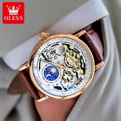 OLEVS Moon Phase Mechanical Watch Men with Dual Time Zone Display Waterproof Automatic Skeleton Mens Watches Top Brand Luxury