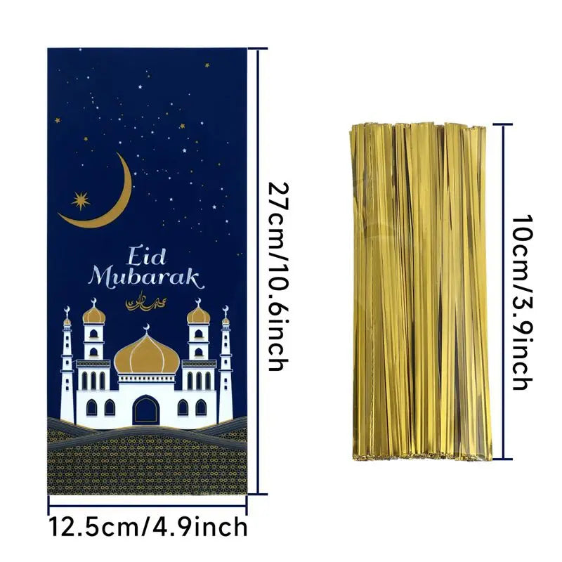 25/50/100Pcs EID Mubarak Gift Cookie Bags With Strap Candy Baking Packaging Bag 2025 Ramadan Decor Muslim Islamic Party Supplies