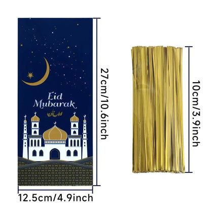 25/50/100Pcs EID Mubarak Gift Cookie Bags With Strap Candy Baking Packaging Bag 2025 Ramadan Decor Muslim Islamic Party Supplies