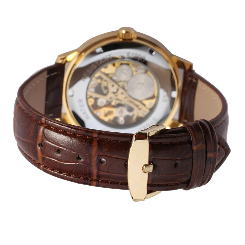 Forsining 99S Luxury Automatic Classic Transparent Mechanical Leather Strap Golden Bridge Skeleton hot selling Men Watch Clock