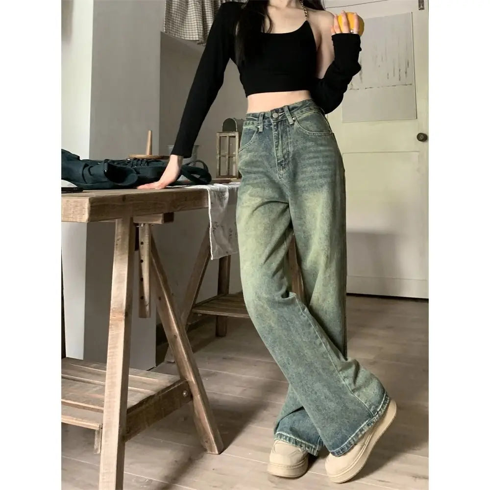 Deeptown Y2k Baggy Wide Leg Jeans Women Vintage Streetwear Washed Denim Pants Grunge Basic Slouchy Blue Trousers Femme Autumn