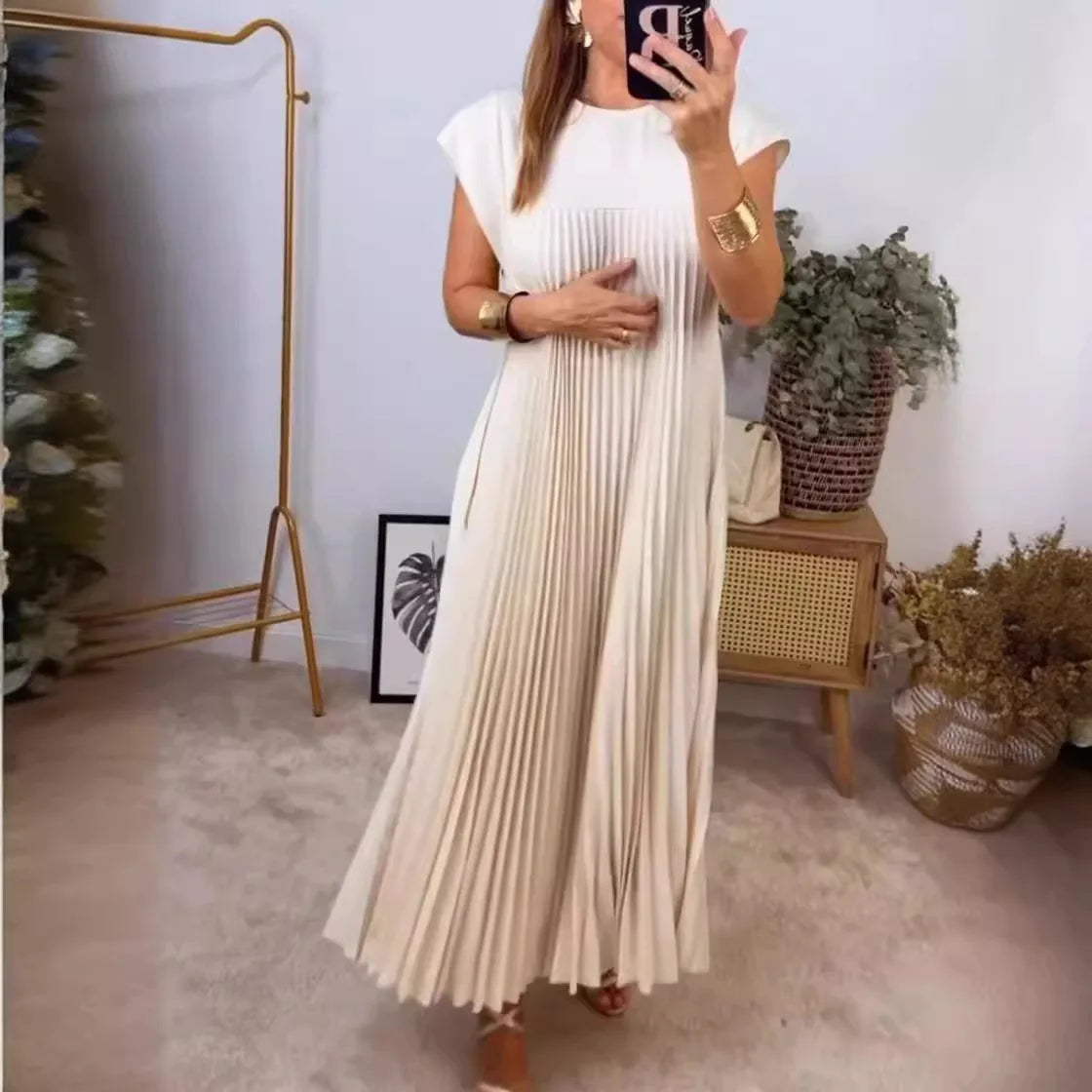 2024 Spring and Summer New European and American Fashion Round Neck Sleeveless pleated Dress Women's Long Dress