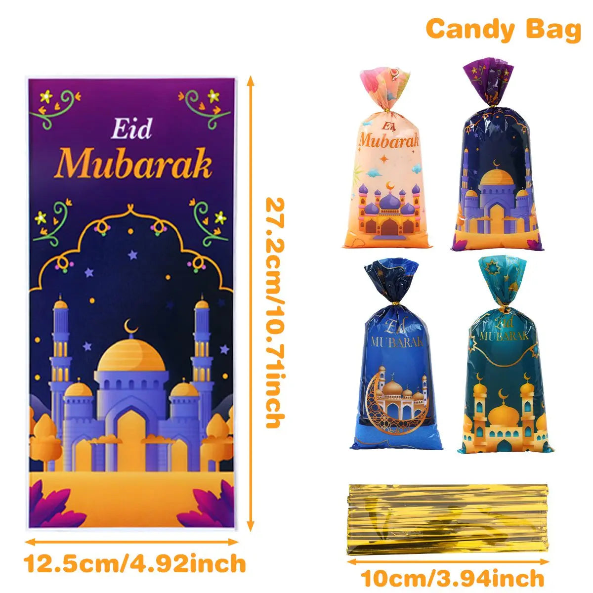 25/50/100Pcs EID Mubarak Gift Cookie Bags With Strap Candy Baking Packaging Bag 2025 Ramadan Decor Muslim Islamic Party Supplies