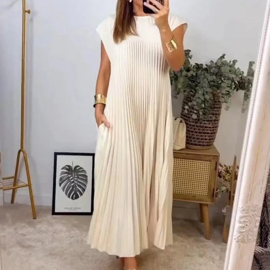 Loose Solid Color High Waist Large Hem Long Dress 2024 Summer New Fashionable Round Neck Sleeveless Pleated  Women's Dress Femme